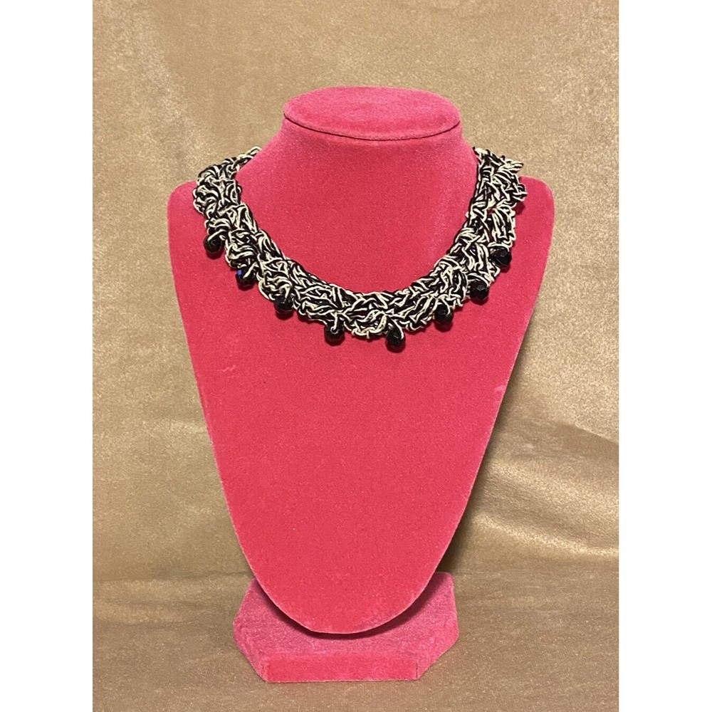 Hand Crochet Black And White Choker With Black Beading Metallic Thread